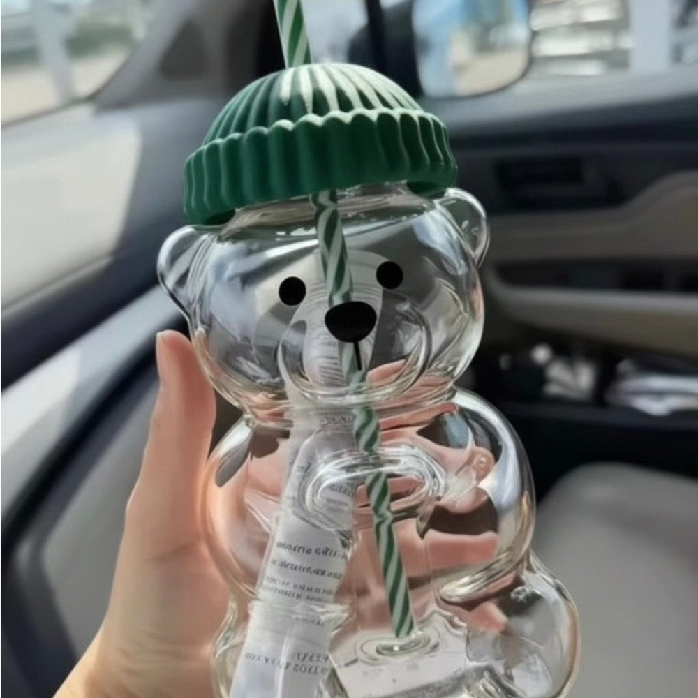 Clear Bear-Shaped Tumbler with Green Straw